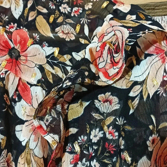 Floral sheer boho gathered mock neck flowy ruffle shimmer wide sleeve M - Picture 4 of 14
